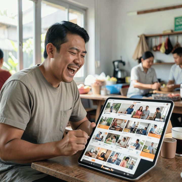 Seorang pelaku UMKM Indonesia yang tampak bahagia dan sukses menggunakan tablet untuk melihat banyak variasi konten iklan digital otomatis.