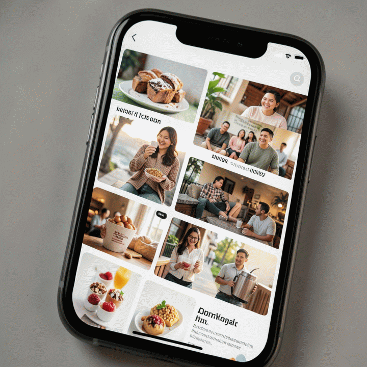 Tampilan beberapa variasi iklan digital produk yang berbeda dan menarik pada layar smartphone, dihasilkan secara otomatis oleh AI.