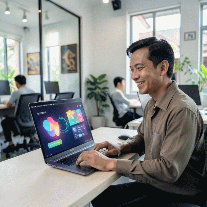 Seorang pemilik UMKM Indonesia yang profesional dan puas menggunakan laptop di co-working space modern, menunjukkan kemudahan membuat visual iklan produk profesional menggunakan AI.