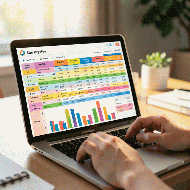 Tampilan layar laptop yang menampilkan template spreadsheet anggaran keluarga yang terorganisir dan berwarna, menunjukkan pelacakan pengeluaran dan grafik batang, dalam suasana kantor rumah yang modern.