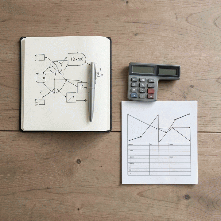 Flat lay minimalis alat perencanaan keuangan: buku catatan, pena, dan lembar pelacak anggaran yang rapi, melambangkan keteraturan.