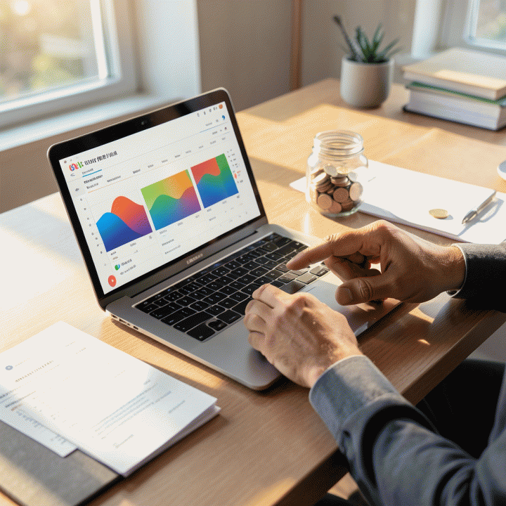 Tangan profesional di meja kerja yang rapi sedang meninjau spreadsheet keuangan di laptop, menunjukkan perencanaan anggaran keluarga yang terstruktur dan tenang.