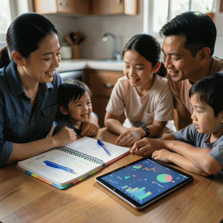 Keluarga Indonesia yang hangat dan kolaboratif sedang merencanakan anggaran keuangan di meja dapur, menggunakan buku catatan dan tablet.