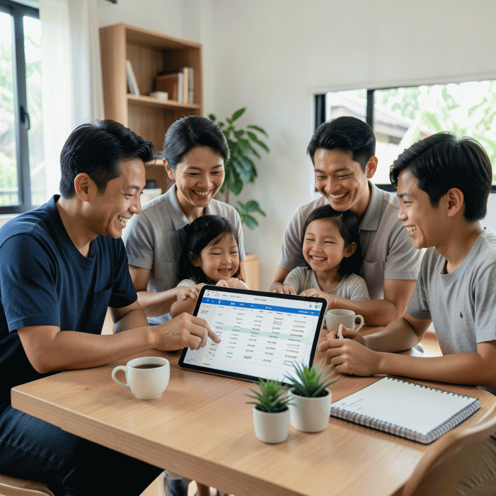 Keluarga Indonesia yang bahagia dan terstruktur sedang berkolaborasi meninjau rencana anggaran keuangan keluarga di meja kerja yang modern.