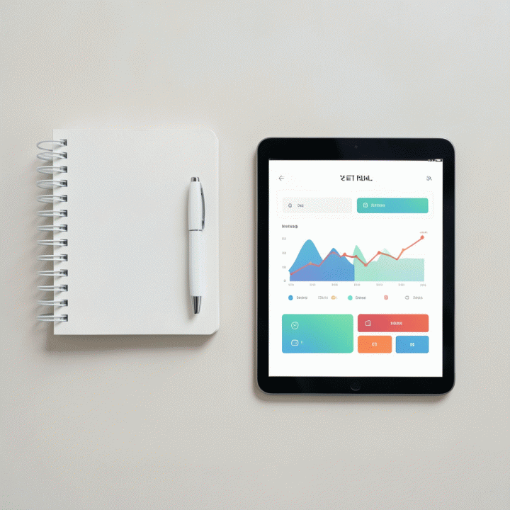 Tata letak datar (flat lay) yang terorganisir berisi buku catatan, pena, dan tablet yang menunjukkan dasbor keuangan abstrak.