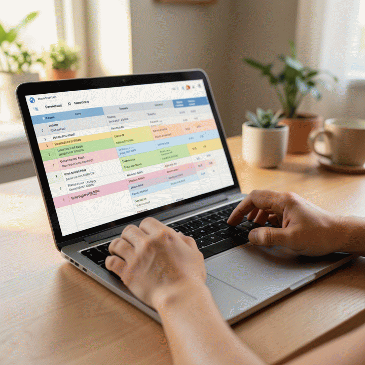Template spreadsheet Family Surplus untuk pengelolaan keuangan keluarga yang terstruktur di laptop.