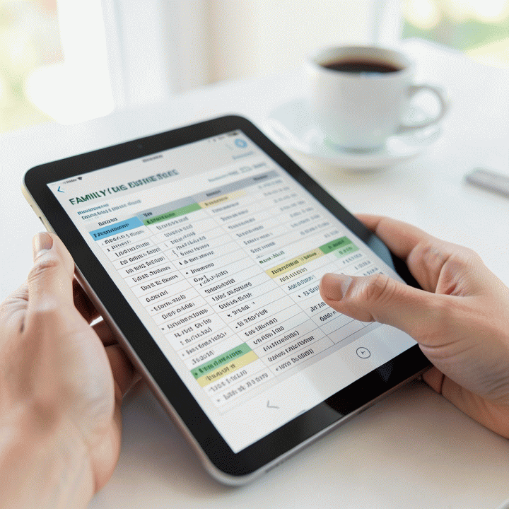 Menggunakan tablet untuk melacak pengeluaran keluarga menggunakan template pengelola keuangan.