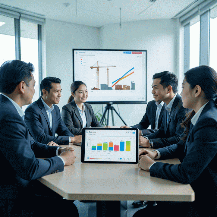 Kelompok profesional konstruksi Indonesia berdiskusi di meja kerja modern, memantau dashboard digital progres proyek yang menampilkan grafik dan indikator kemajuan secara real-time.