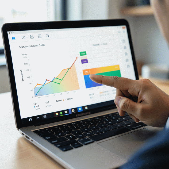 Tangan manajer proyek menunjuk ke dashboard digital di laptop yang membandingkan anggaran rencana dengan biaya realisasi proyek konstruksi.