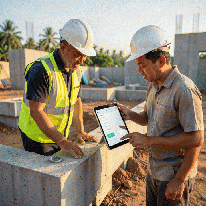 Project owner dan mandor di lokasi konstruksi, menggunakan tablet untuk membandingkan progres fisik pekerjaan dengan log digital.
