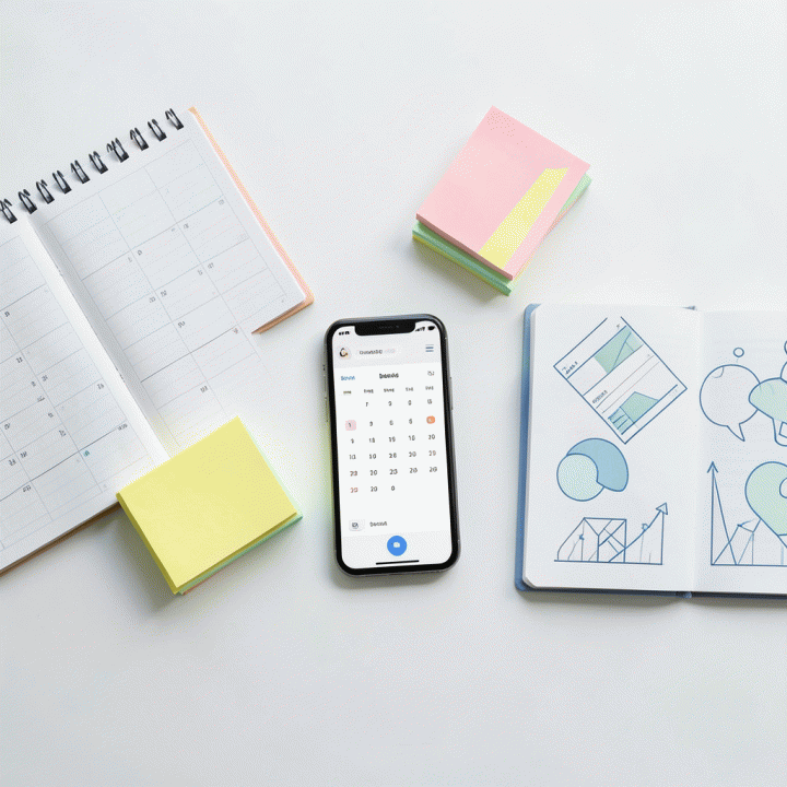 Tampilan datar (flat lay) meja kerja yang berisi alat-alat perencanaan keuangan seperti planner, sticky notes, dan smartphone, melambangkan perencanaan anggaran keluarga yang terstruktur.