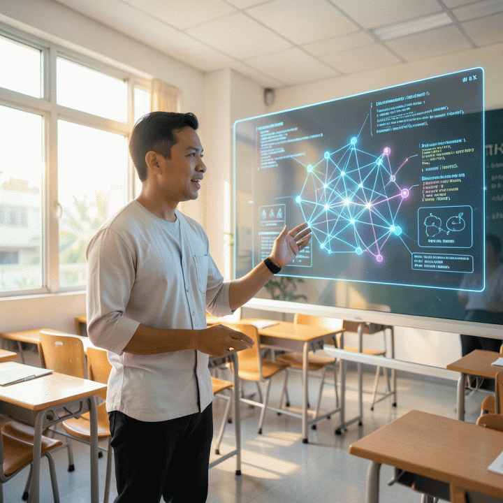 Seorang guru Indonesia yang modern dan profesional berinteraksi dengan layar holografik canggih yang menampilkan konsep Deep Learning dan AI di ruang kelas masa depan, melambangkan revolusi pendidikan.