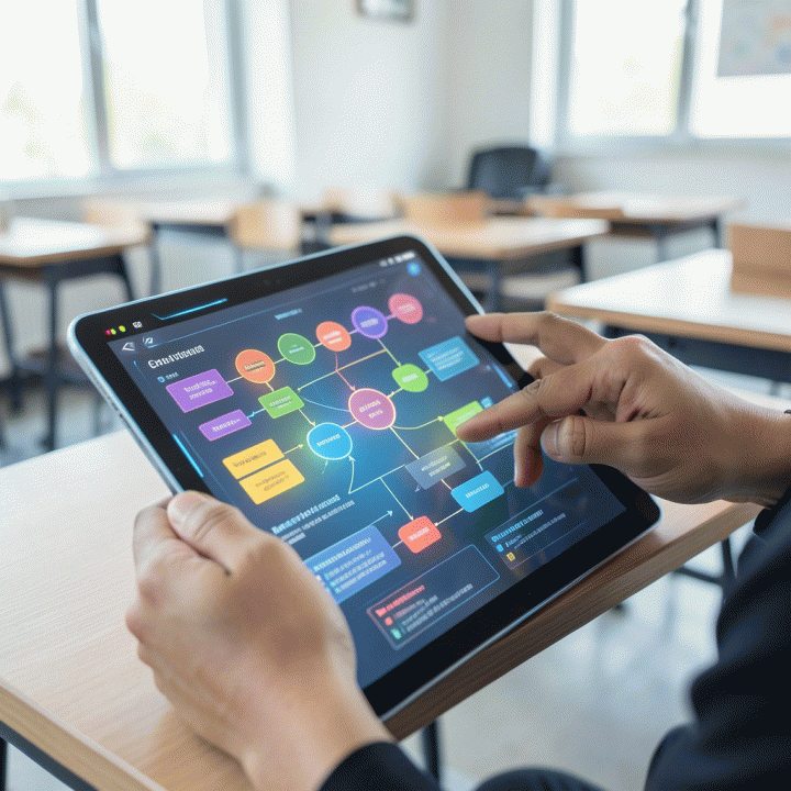 Tangan guru yang berinteraksi dengan tablet futuristik untuk menghasilkan alur rencana pembelajaran (lesson plan) yang terstruktur dan berwarna.