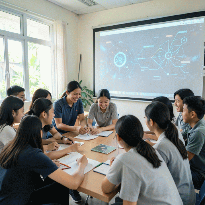 Guru sedang memfasilitasi sesi belajar interaktif dan kolaboratif bagi siswa di kelas modern, menggunakan visualisasi teknologi.