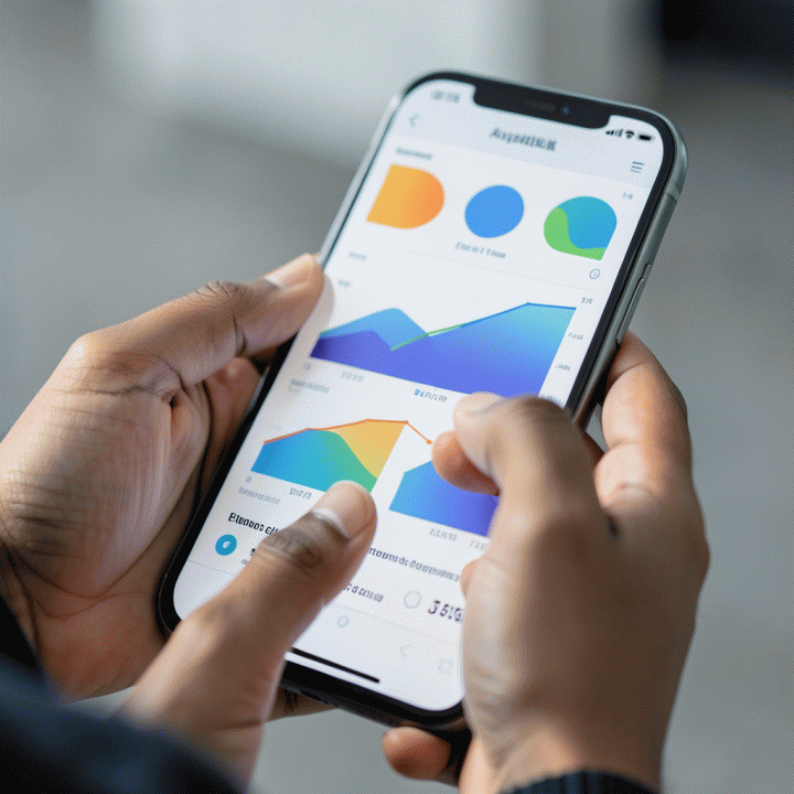 Tangan muda sedang berinteraksi dengan dashboard analitik bisnis di smartphone, menunjukkan analisis data mendalam untuk optimasi usaha.