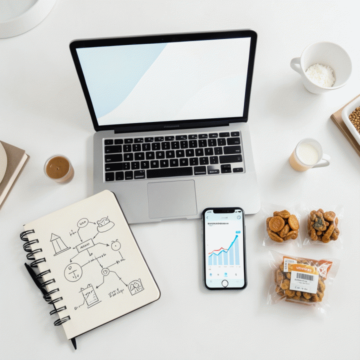 Komposisi flat-lay berisi perlengkapan kerja modern untuk perencanaan bisnis e-commerce, termasuk laptop, smartphone, dan sketsa ide.