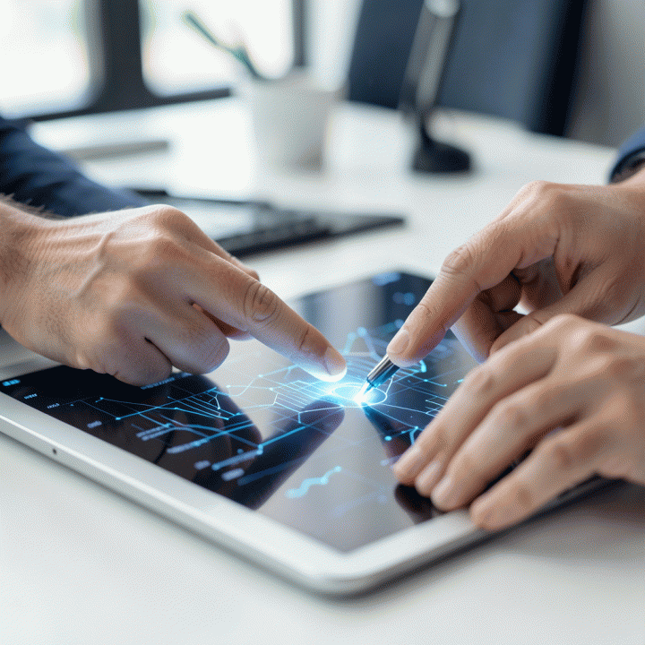 Dua tangan yang sedang menganalisis dan mendapatkan panduan strategi dari visualisasi data di tablet.