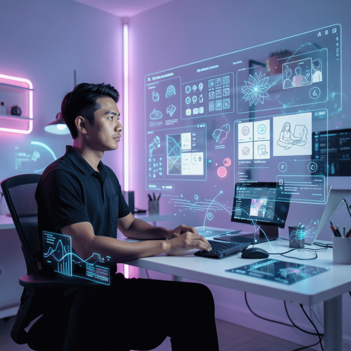Seorang kreator digital muda di studio futuristik, dikelilingi oleh aset visual digital yang dihasilkan AI, melambangkan peluang bisnis aset digital di masa depan.