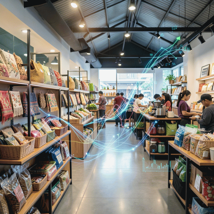 Representasi visual e-commerce niche yang modern dan penuh peluang di Indonesia, menampilkan aliran data digital ke dalam produk fisik yang unik.