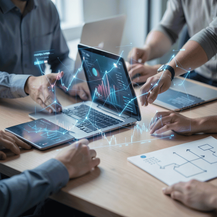 Konsep visualisasi data analitik dan strategi bisnis digital di meja kerja modern, menunjukkan proses optimasi tanpa teks yang terbaca.