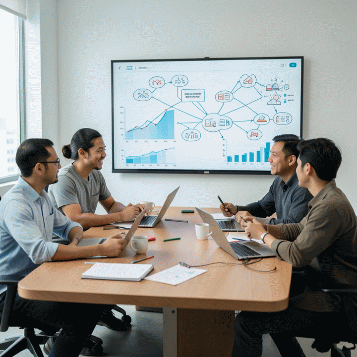 Tim startup Indonesia berkolaborasi dalam sesi brainstorming untuk mengembangkan ide bisnis kreatif.