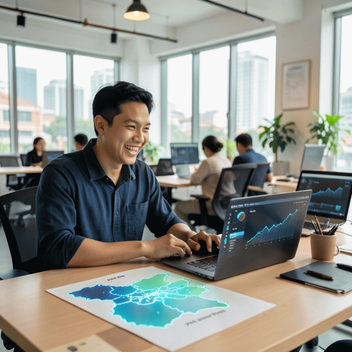 Seorang founder muda Indonesia yang fokus merencanakan peta peluang bisnis digital di co-working space modern, melambangkan transformasi ide menjadi bisnis siap pakai.