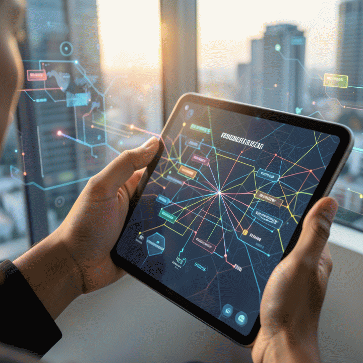 Tangan profesional sedang memetakan strategi peluang bisnis digital pada antarmuka sentuh modern.