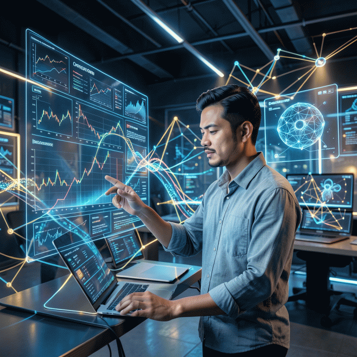 Seorang profesional Indonesia berinteraksi dengan proyeksi holografik berisi tren pasar dan data AI yang menunjukkan peluang bisnis di masa depan 2026.