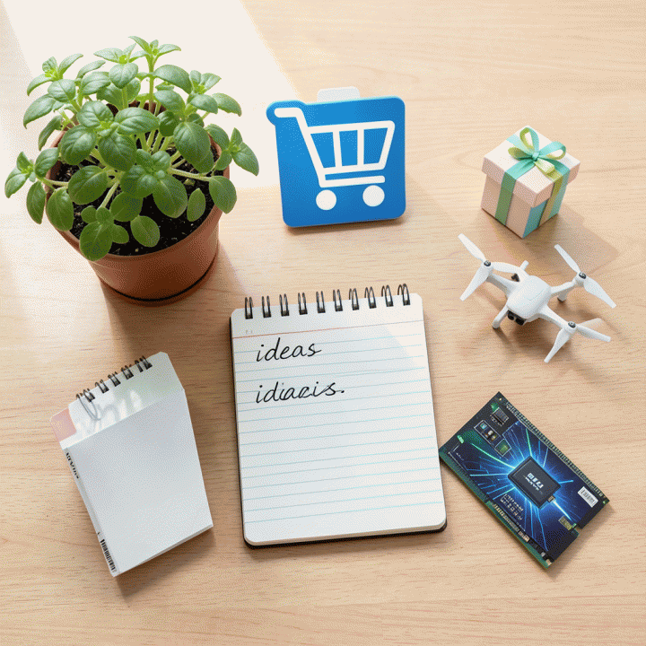 Flat lay komposisi benda simbolis di meja kayu yang mewakili ide-ide bisnis modal kecil dan kreatif seperti pertanian mini, e-commerce, serta teknologi.