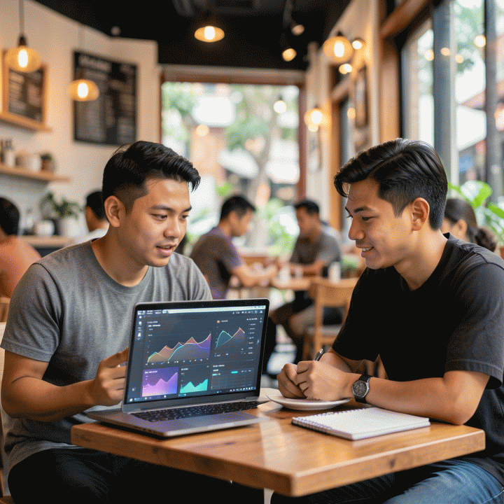 Dua sahabat Indonesia sedang berdiskusi serius dan kolaboratif di kafe tentang rencana bisnis mereka, menggunakan data visualisasi tren pasar.