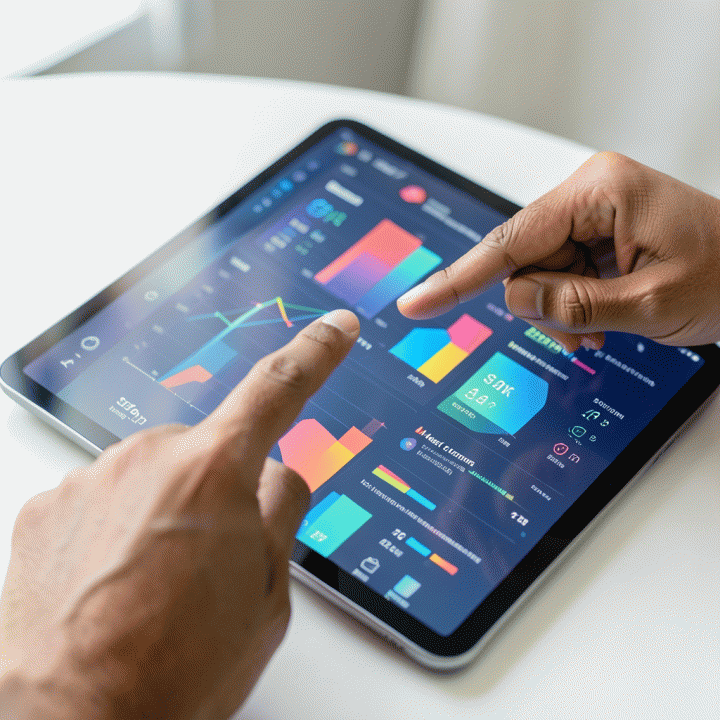 Pasangan tangan sedang berinteraksi dengan dashboard analitik digital di tablet yang menunjukkan berbagai grafik data penjualan online.