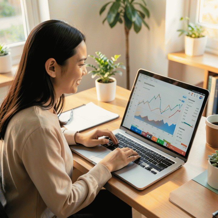 Seorang pengusaha UMKM muda Indonesia sedang menganalisis peluang bisnis online di laptop dengan visualisasi data yang menunjukkan grafik tren penjualan e-commerce.