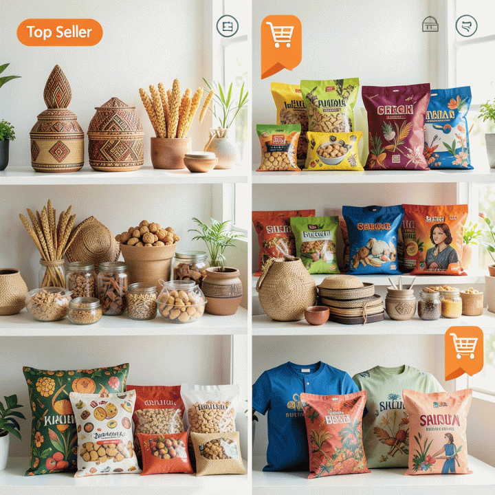Berbagai produk UMKM Indonesia tertata rapi dan menarik secara visual menyerupai etalase toko online yang optimal di e-commerce.