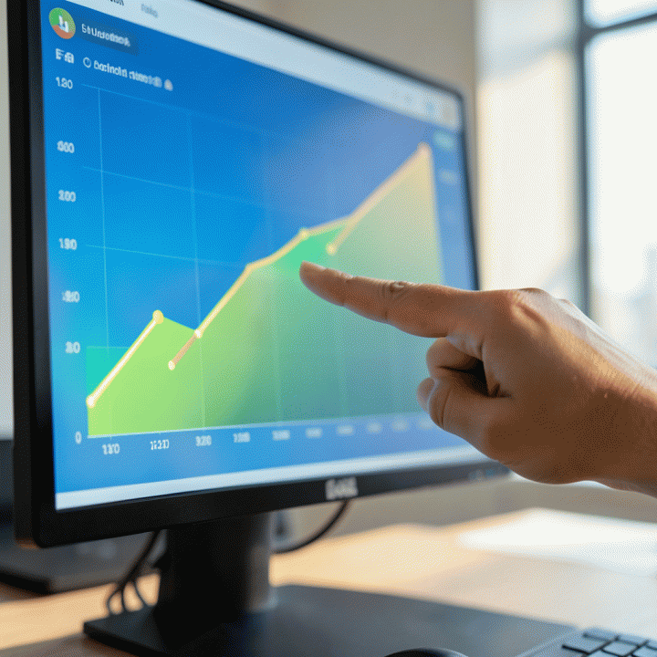 Analisis data bisnis yang mendalam dan visualisasi grafik pertumbuhan omzet di layar monitor canggih.