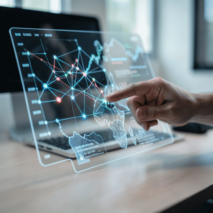 Tangan berinteraksi dengan antarmuka data holografik yang menampilkan tren pasar dan peta Indonesia, melambangkan analisis data canggih.