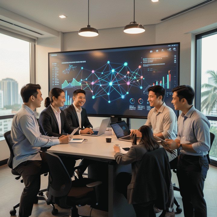 Tim profesional pemasaran digital yang berdiskusi di depan layar data visualisasi canggih, melambangkan analisis strategi iklan yang kompleks dan pertumbuhan bisnis.