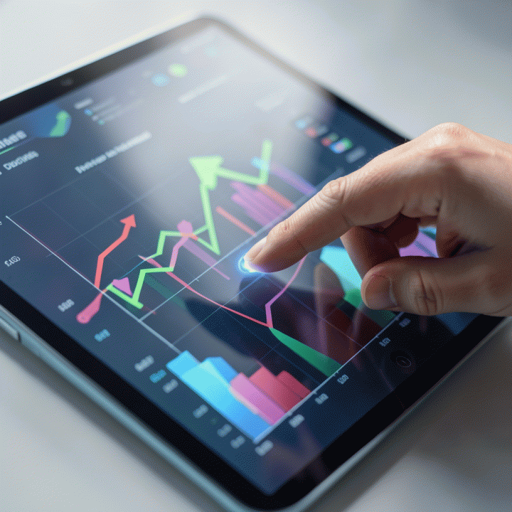 Tangan yang menunjuk grafik pertumbuhan data abstrak di tablet, melambangkan pengambilan insight penting dari data yang kompleks.