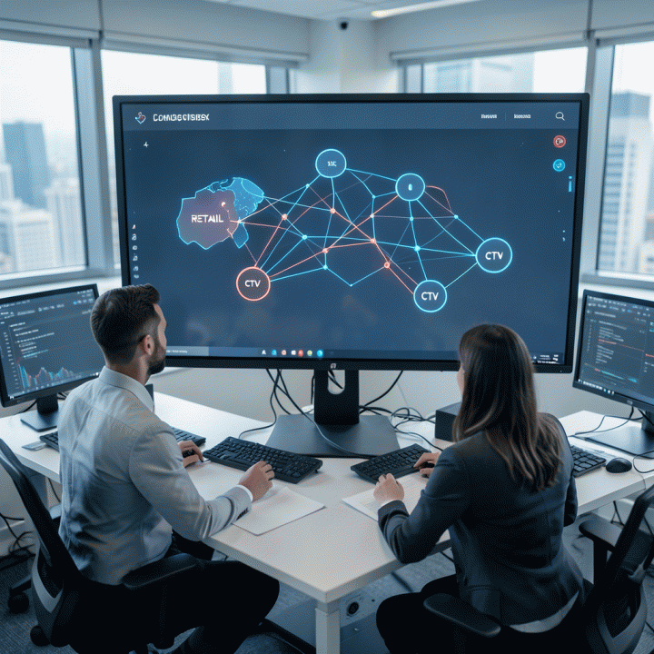Dua profesional marketing melihat dashboard data abstrak yang menunjukkan koneksi dan peluang pertumbuhan antara Retail Media dan CTV.