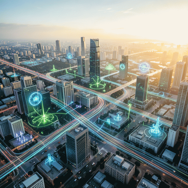 Visual futuristik yang menggambarkan perencanaan bisnis dan peluang pertumbuhan di masa depan tahun 2026, dengan aliran data dan koneksi industri modern.