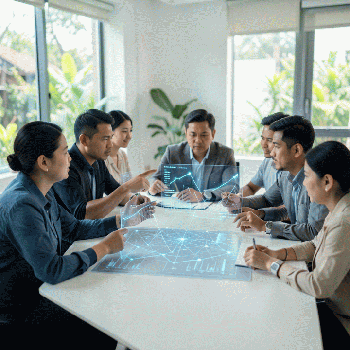 Diskusi strategi bisnis modern oleh profesional Indonesia di sekitar layar proyeksi hologram yang menampilkan diagram pertumbuhan.