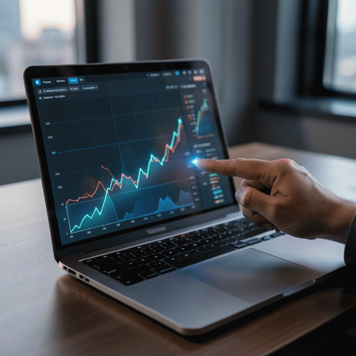 Penggunaan perangkat analitik bisnis modern yang menunjukkan grafik prediksi pertumbuhan omzet dan peluang pasar di masa depan secara visual.
