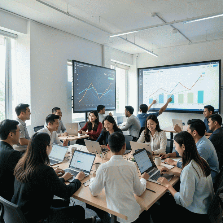 Sekelompok profesional muda Indonesia yang bersemangat sedang berkolaborasi dalam ruang kerja modern, menunjukkan optimisme dan potensi besar untuk memulai bisnis di masa depan.