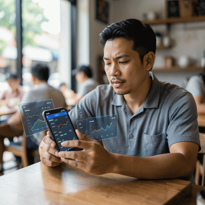 Seorang pengusaha muda Indonesia yang sukses memantau dan menganalisis perkembangan bisnisnya melalui smartphone di tempat umum, menunjukkan kemudahan berbisnis online.