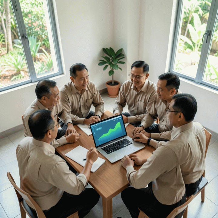 Pengurus RT/RW yang berdiskusi di ruangan modern menggunakan sistem digital untuk pencatatan keuangan lingkungan yang transparan.