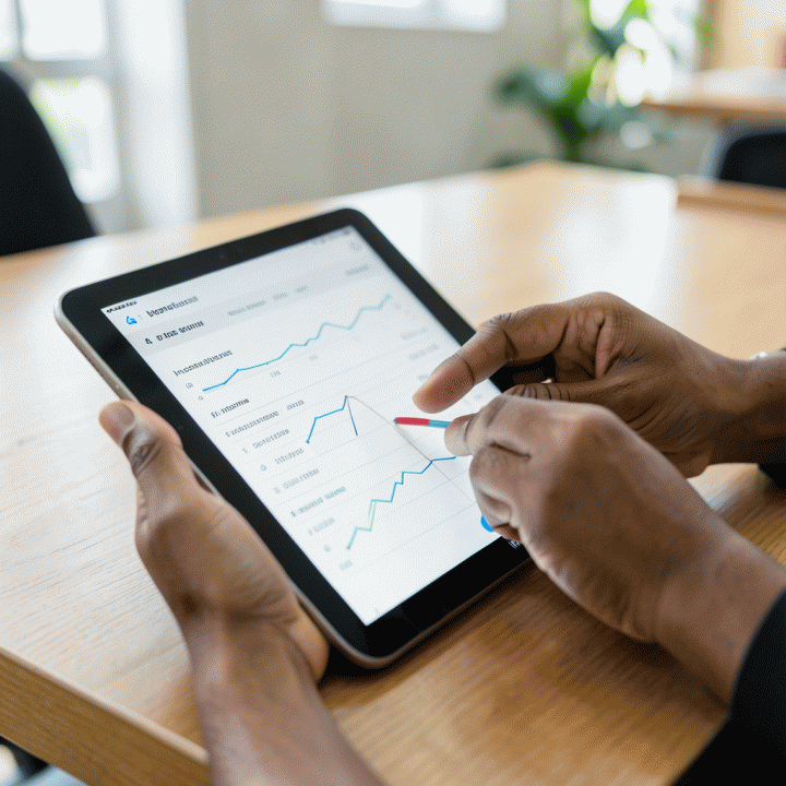 Tangan yang sedang mencatat iuran kas RT/RW secara digital menggunakan tablet, menunjukkan kemudahan dan akurasi.