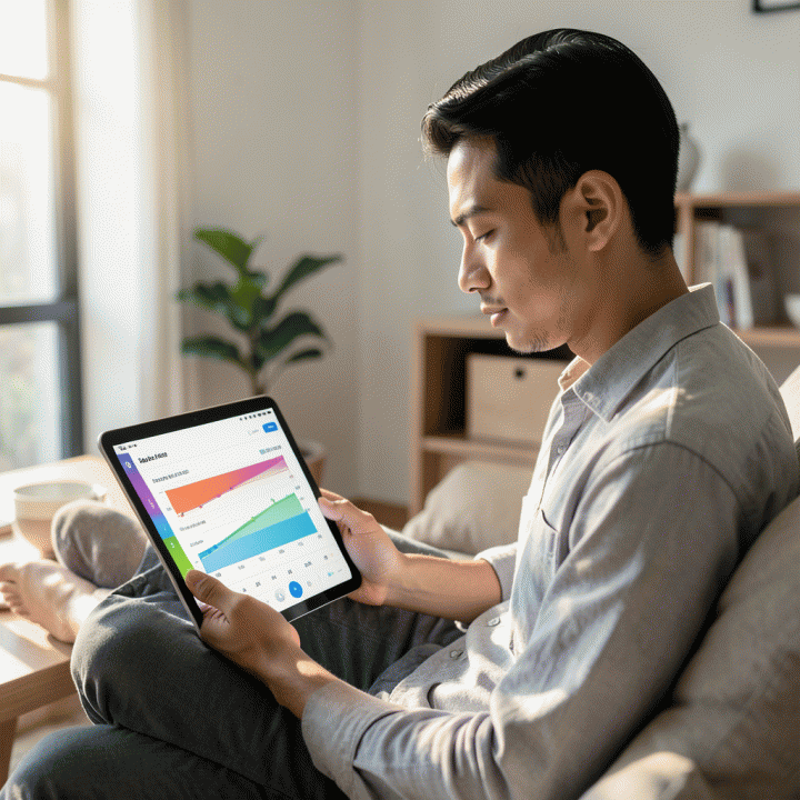 Seorang pemuda Muslim Indonesia yang sedang merefleksikan dan melacak konsistensi ibadah hariannya menggunakan aplikasi pelacak kebiasaan di tablet dalam suasana rumah yang tenang dan modern.
