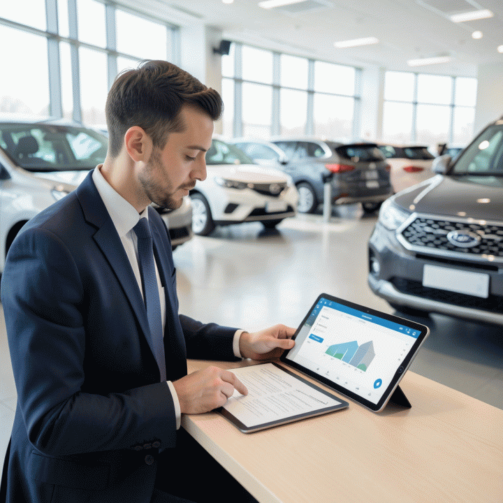 Manajer bisnis rental yang profesional sedang meninjau dashboard manajemen inventaris digital yang rapi di kantor modern, melambangkan pencegahan sengketa dan operasional yang efisien.