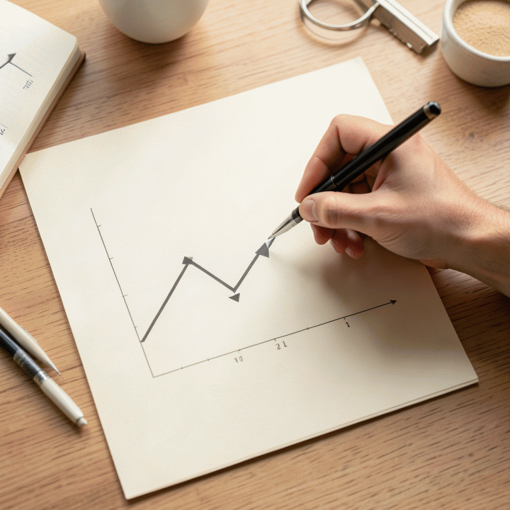 Tangan yang sedang membuat grafik keseimbangan anggaran di atas kertas, melambangkan pengendalian pengeluaran dan peningkatan keuangan.