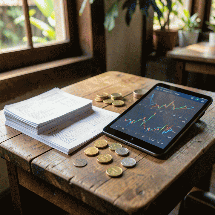 Meja kerja kayu dengan dokumen keuangan, koin rupiah, dan tablet digital yang menampilkan grafik profitabilitas, menggambarkan proses akuntansi bisnis UMKM.