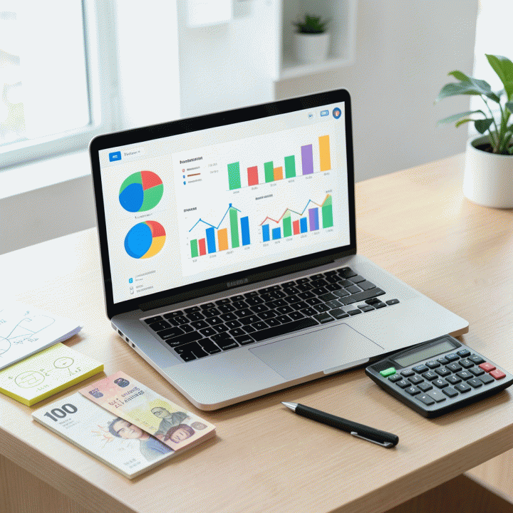 Tata ruang kerja modern dengan laptop yang menampilkan dashboard keuangan dan alat bantu perhitungan bisnis, menunjukkan perencanaan strategi harga jual optimal.